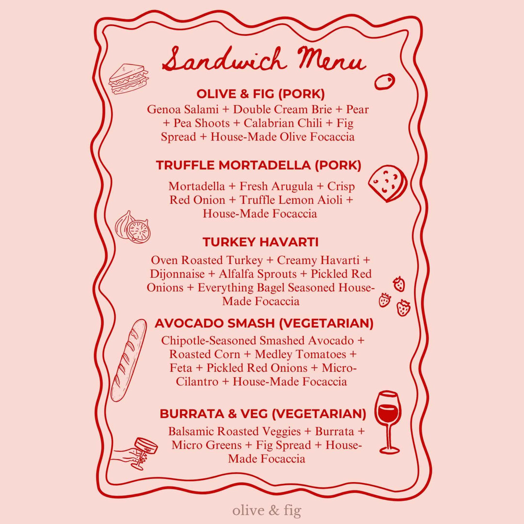 Sandwich Menu with five sandwich options including vegetarian sandwichws