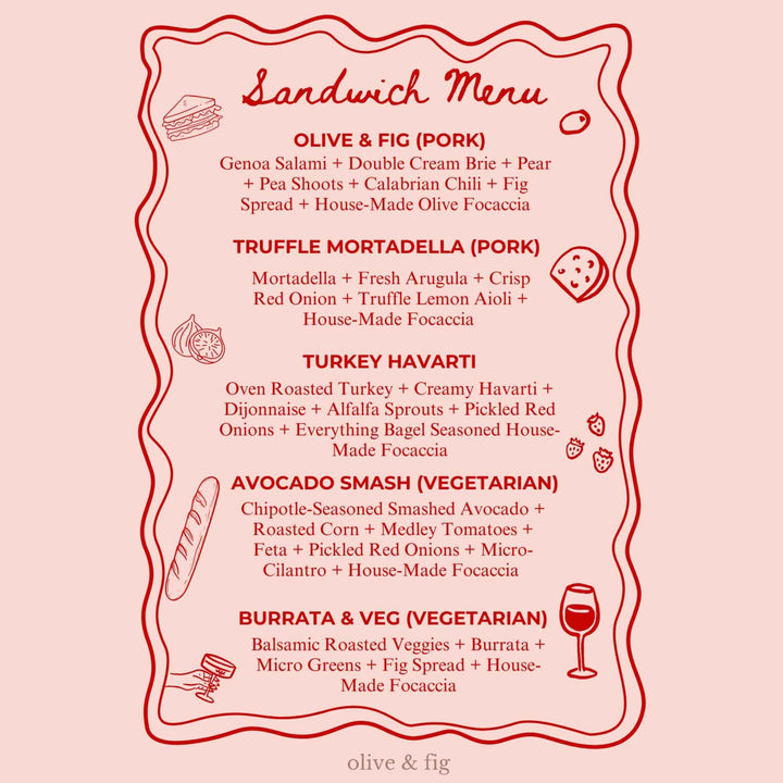 Sandwich Menu with five sandwich options including vegetarian sandwichws