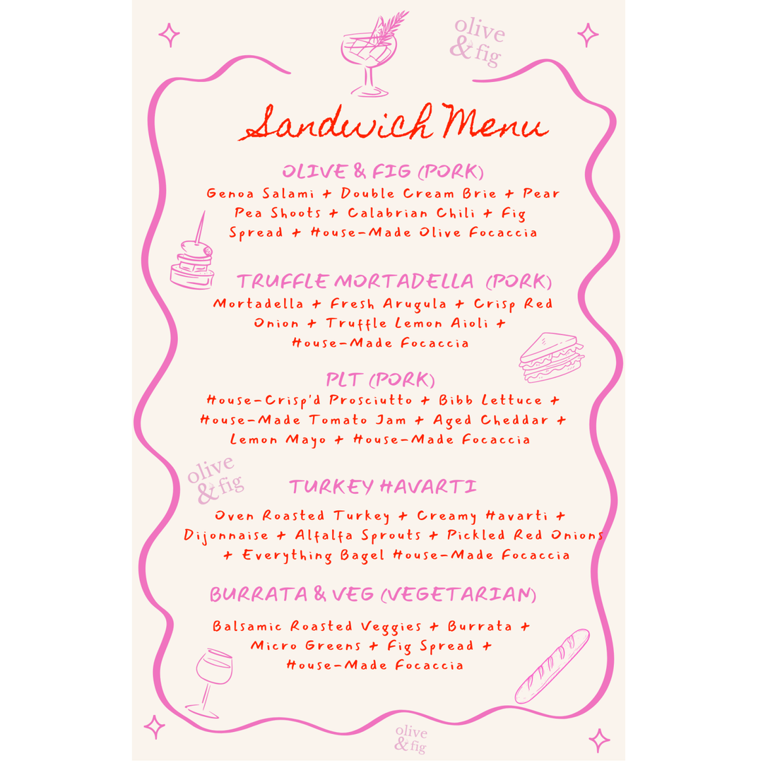 Sandwich menu from Olive & Fig with various sandwich options and descriptions.
