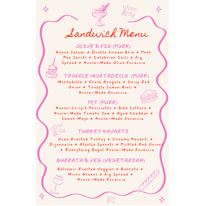 Sandwich menu from Olive & Fig with various sandwich options and descriptions.